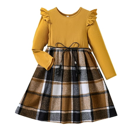 

Clothes for Girls Children Girls Child Knit Long Sleeve Lattice Prints Ruffles Dresses Clothes Yellow 9-10 Years