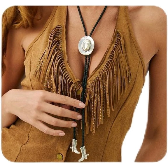 Antique Silver Western Ethnic Hat Boot Lariat Necklace,Bohemian Long Braided Rope Necklace Punk Party Trendy Jewelry Accessories Gift for Women