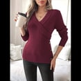 thumbnail image 4 of Suéteres de Larga con Cuello en V para Mujer, Suéteres Cruzados y Fruncidos, Blusas de Otoño Vino Tinto L, 4 of 8
