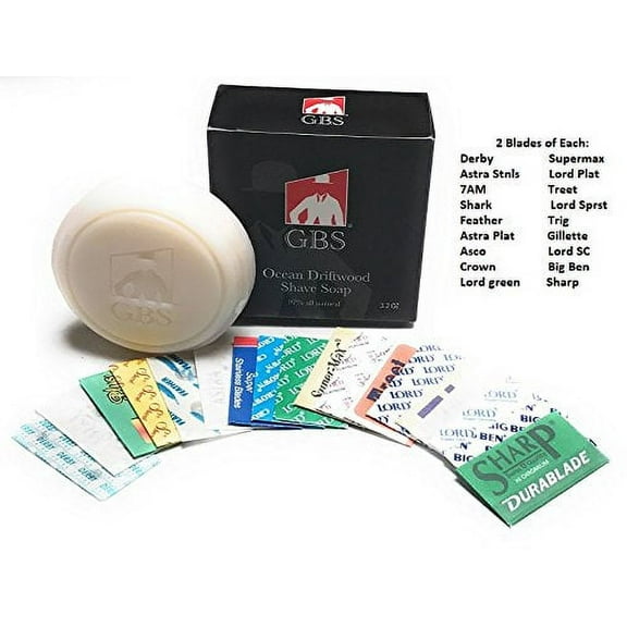 36 Feather, Astra, Derby, Trig, Super Max, Lord, Treet, Shark 7 O'clock Sampler Blades -- Plus Gbs 3 Oz Ocean Driftwood Shave Soap