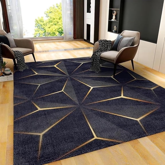 Geometric Black Gold Area Rug, Modern Luxury Gold Lines Indoor Rugs, With Non-Slip Backing Large Carpet For Living Room Bedroom Dining Room 3x4ft