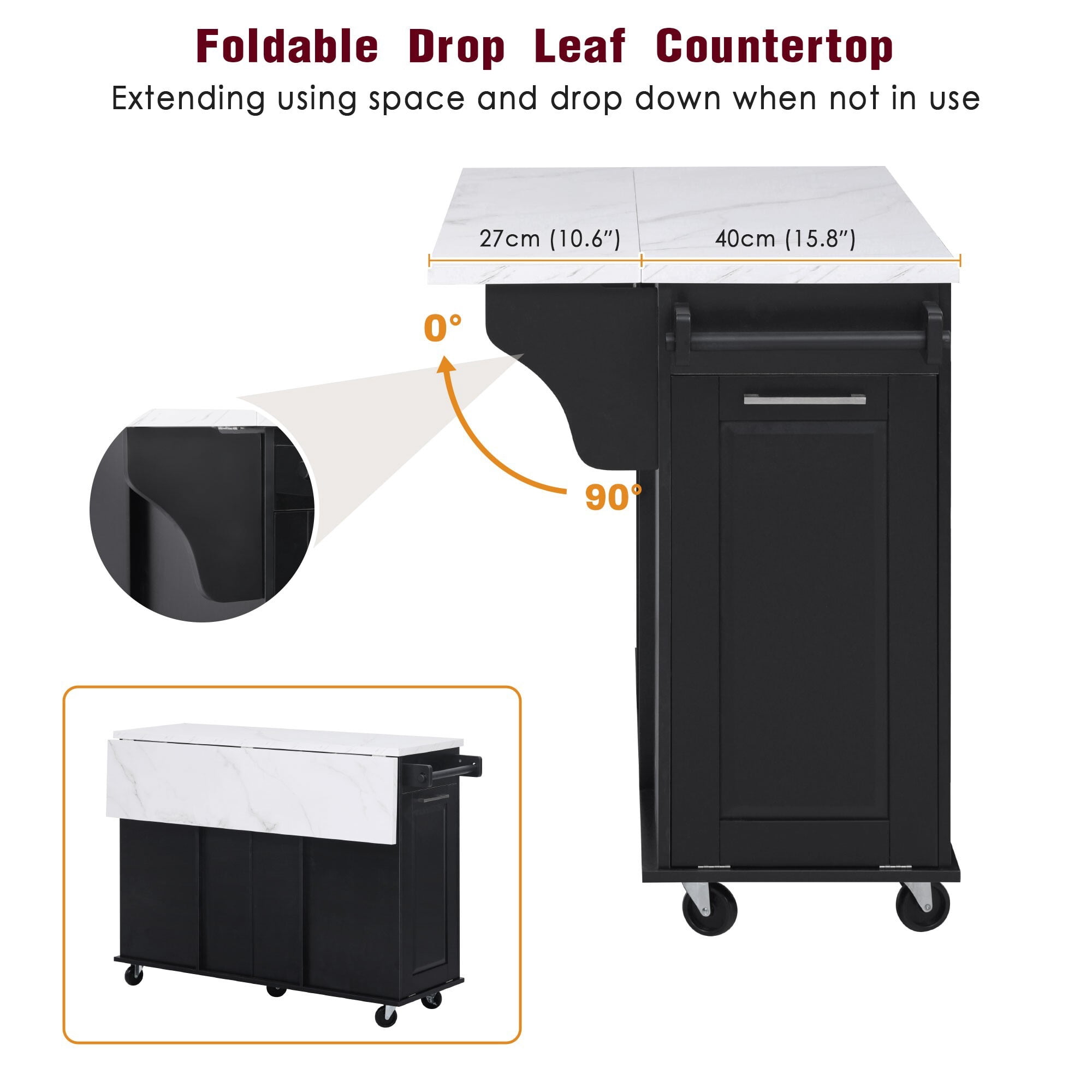 AENKYO 50.7'' Kitchen Island Cart with Drop Leaf, Hidden Trash Cabinet, Pull-Out Organizer, and Lockable Wheels, Black