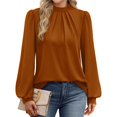 thumbnail image 3 of Camisas de Larga para Mujer, Blusas de Cuello Alto con Pliegues Delanteros, Ropa Informal Elegante para Otoño. Color Caramelo L, 3 of 5
