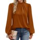 thumbnail image 3 of Camisas de Larga para Mujer, Blusas de Cuello Alto con Pliegues Delanteros, Ropa Informal Elegante para Otoño. Color Caramelo M, 3 of 5