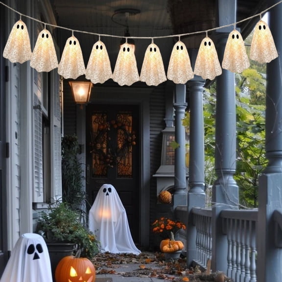 Halloween Garland with Sequin Light up Ghost, Halloween Tree Decorations, Fall, Thanksgiving, Halloween Decoration Indoor Outdoor Holiday Decor, Halloween Yard Decorations, 1 Set, 6.6 FT