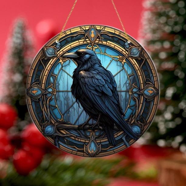 Raven Ventana de vidrio colgante de arte de pared decoración de pájaros regalas decoración gótica de Halloween para patio de patio de vacaciones
