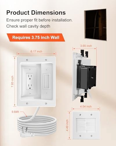 in Wall Cable Management Kit with 9ft Cord, Brush Wall Plate and AC Outlets, Wall Cable Concealer Kit for TV Cable Management, Home Theater Systems and HDMI Cables$$Tools
