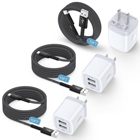 Charger Block Type C, 3 Pack USB Wall Charger with 10FT Type C Charging Cable Cord USB C Cable Phone Cables, Dual Port Phone Charger Android Charger Block USB Plug Adapter USB Charging Block, White