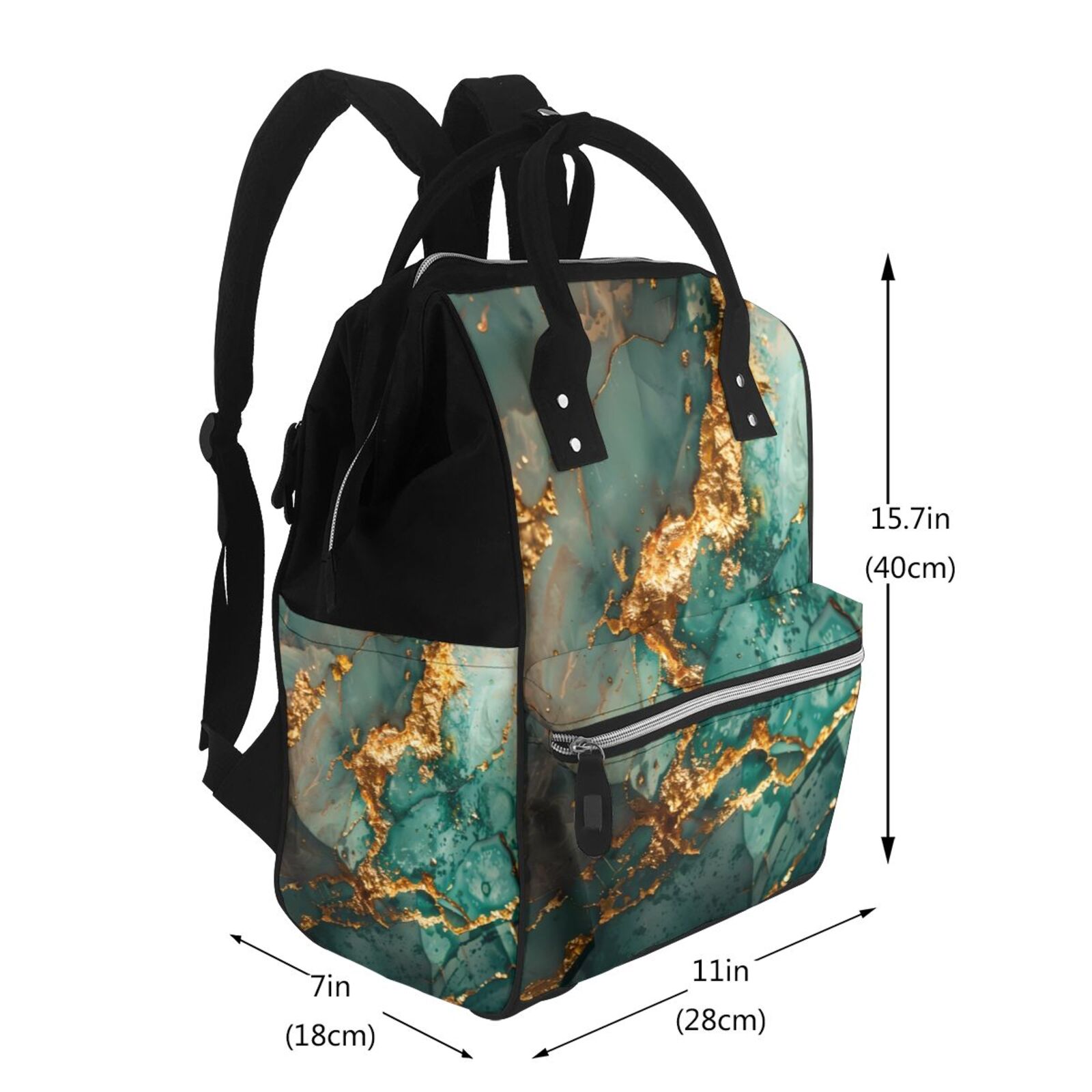 Ratiio Emerald Color Gold Marble Mummy Backpack - Waterproof Twill Canvas, Large Capacity Diaper Bag with Multiple Pockets and Adjustable Straps