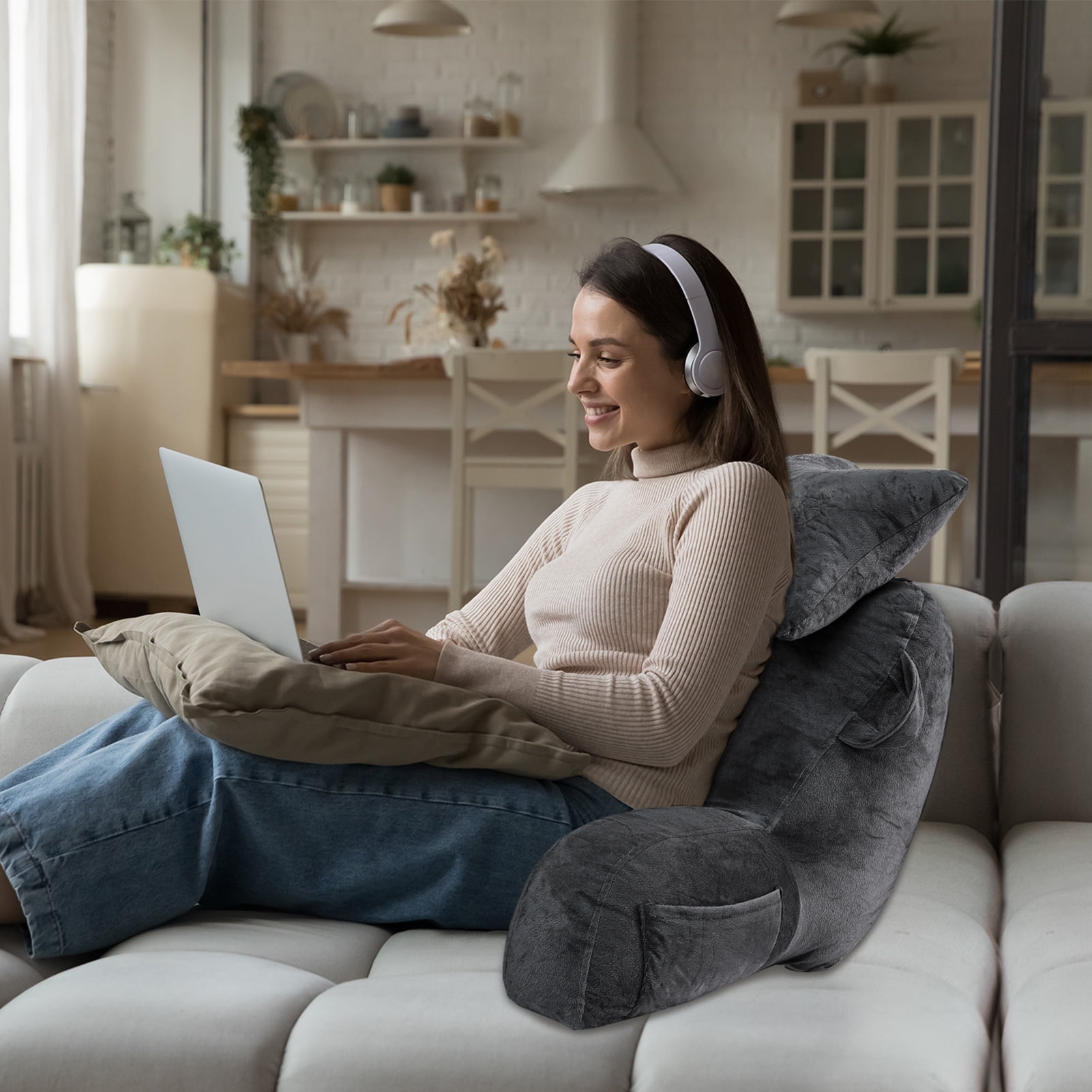 BEIPEGIN Reading Pillow, 23" Backrest Pillow with Arms and Pocket, Bed Rest Pillow with Detachable Neck Roll, Watching TV Bed Rest Reading Gaming Pillow for Adult Kids, Dark Grey