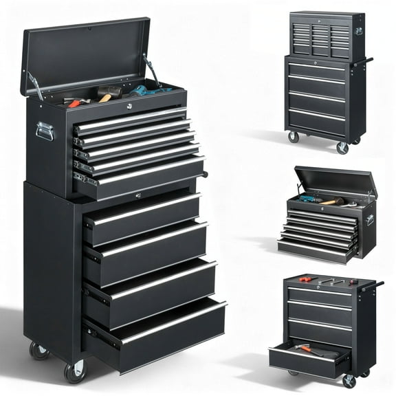 8-Drawer Tool Chest on Wheel, 2-IN-1 Rolling Tool Box & Cabinet Large Capacity with Detachable Top Box, Lockable Garage Organizer Cart with Sliding Drawers, Black