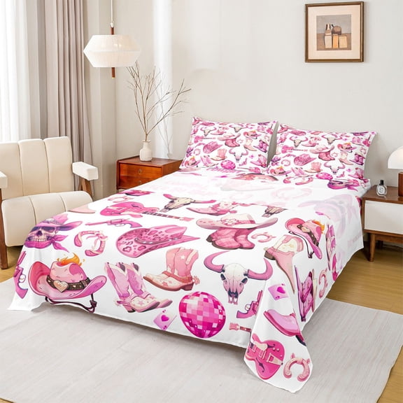 Homewish Children Teenagers Western Cowgirls Boots Hats Twin Sheet Sets 3pcs,Disco Ball Guitar Twin Fitted Sheet Microfiber,Old Fashion Breathable Flat Sheet,Ultra Soft Home Decor