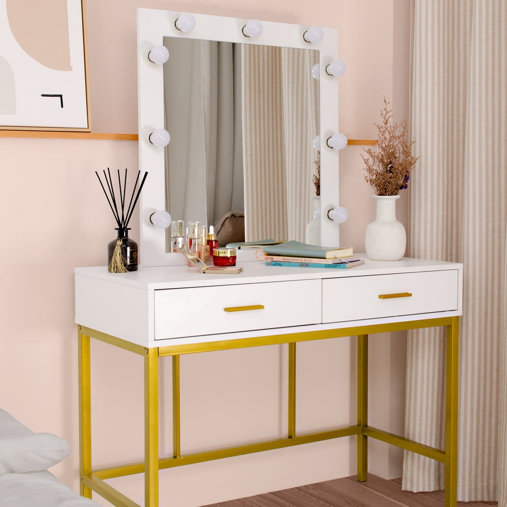 Lowestbes Dimmable Lights Makeup Table, Vanity Table with Single Mirror and Two Drawer Lowestbes Dimmable Lights Makeup Table, Vanity Table with Single Mirror and Two Drawer