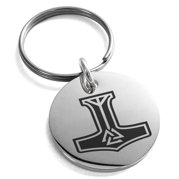 Stainless Steel Valknut Mjolnir Thor's Hammer Engraved Small Medallion Circle Charm Keychain Keyring