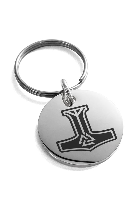 Stainless Steel Valknut Mjolnir Thor's Hammer Engraved Small Medallion Circle Charm Keychain Keyring