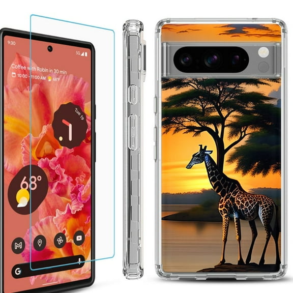 OneToughShield ® Compatible with Google Pixel 8 Pro, Shockproof Phone Case, with Tempered Glass Screen Protector - Giraffe Sunset
