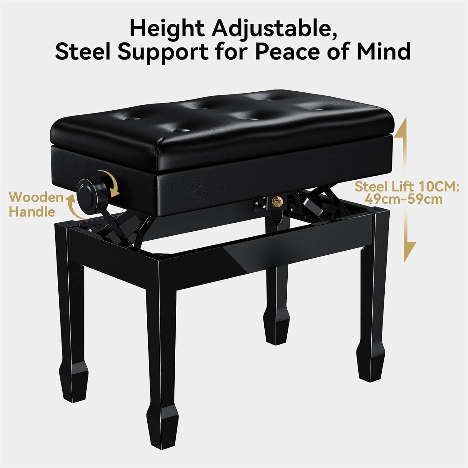 Adjustable Duet Piano Bench With Sheet Music Storage  Solid Wooden Keyboard Bookcase Stool Chair Seat High-density Sponges Cushion