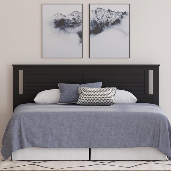 Serene Poplar Wood King Headboard, Modern Farmhouse Panel with Horizontal Scoring, King Size Headboard in Black, Casual Coastal Style, Easy Assembly, Quality Materials