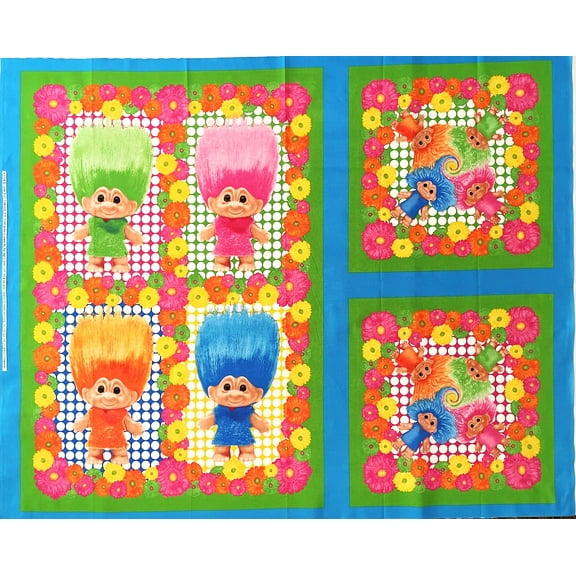 1 Panel – Trolls & Retro Flowers  Cotton Fabric Quilt Panel (Great for Quilting, Sewing, Craft Projects, Wall Hangings, and More) 35" X 44"