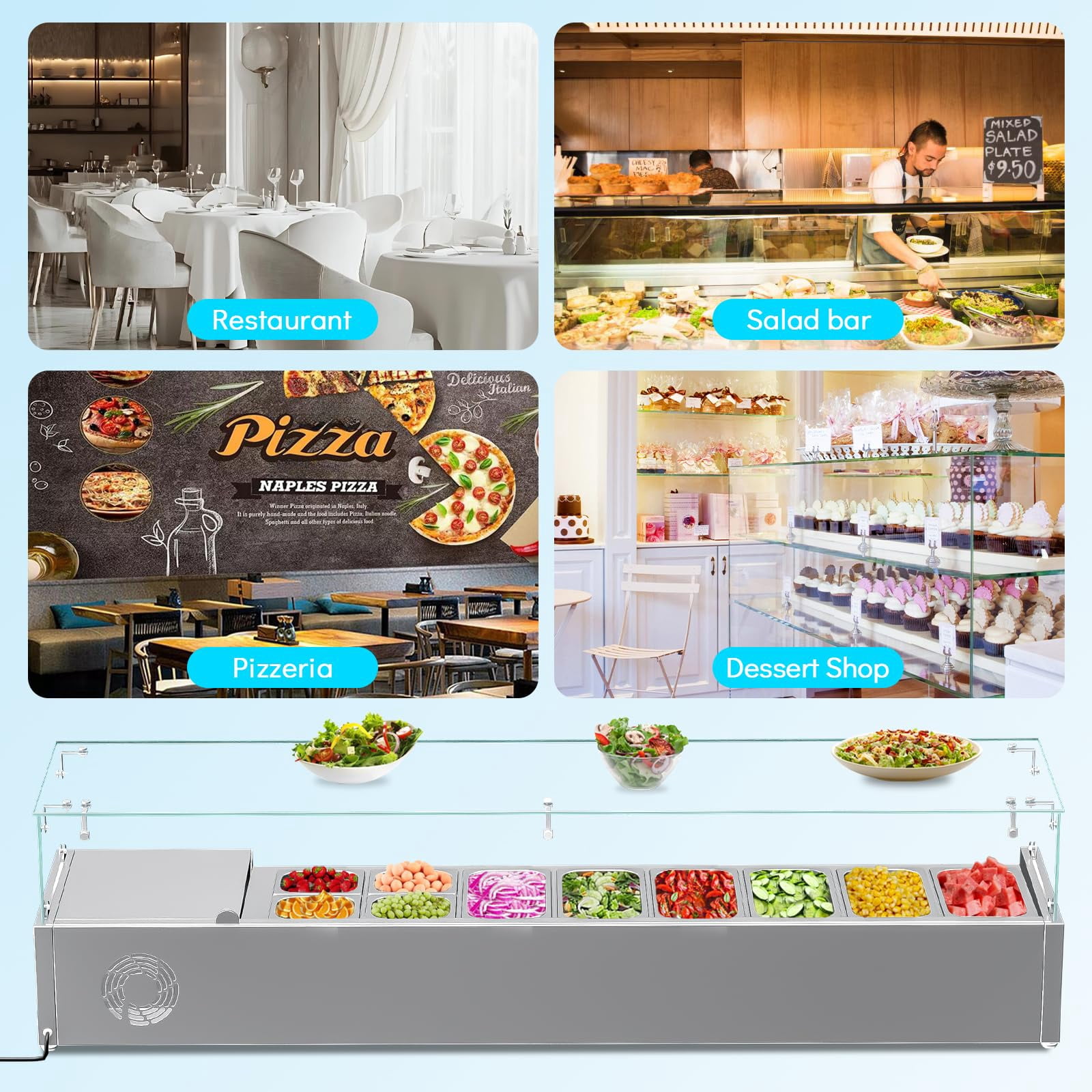 48" Countertop Refrigerated Condiment Station with Auto Defrost & Digital Controller and LED Display,Sandwich Prep Table Guard with 1/3 Pan*6 and 1/6 Pan*4,ETL,Glass Lid for Restaurant Food Tr