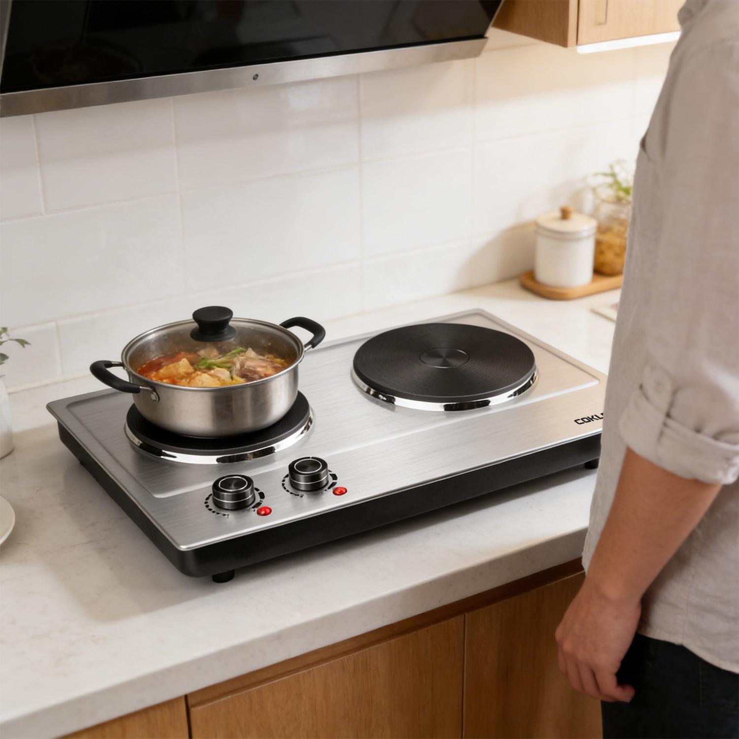 Coklai 1800W Portable Double Burner Hot Plate, Stainless Steel Countertop Electric Cooktop with Dual Cast Iron Heating Plates, Easy to Clean, 24-month warranty