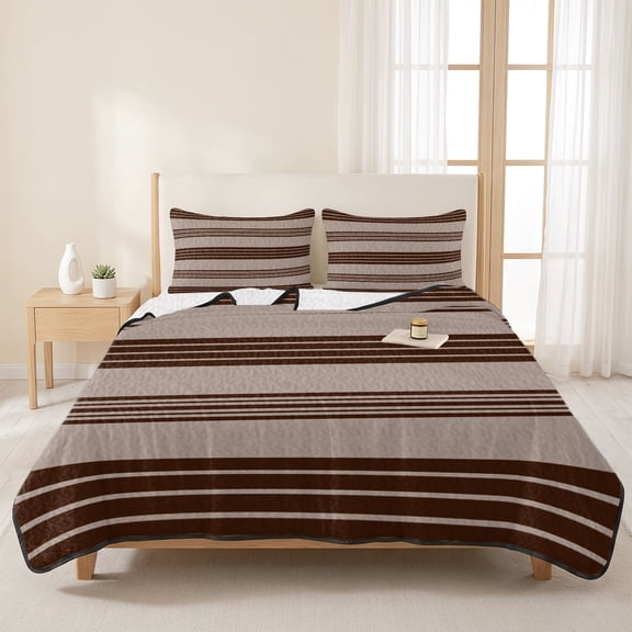3 Pieces Queen Quilt Set,Brown and Beige Stripe Soft Bedding Sets with 1 Quilt & 2 Pillow Shams,Modern Neutral Striped Summer Bedspread Lightweight Coverlet Comforter for All Season