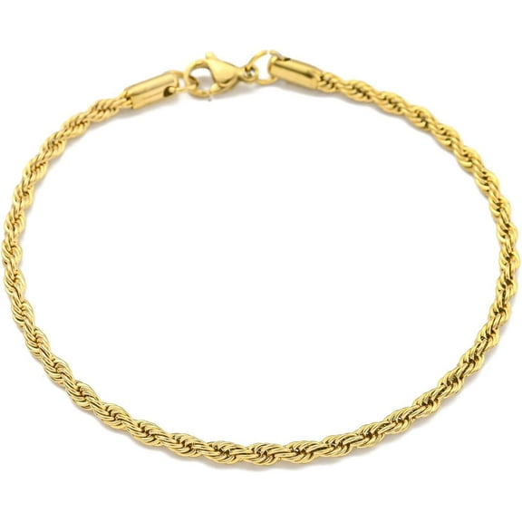 Real 18K Gold 8-1/2 Inch 5mm Stainless Steel Rope Chain Bracelet with Lobster Claw Clasp Ion Plating Stylish Durable for Women Golden