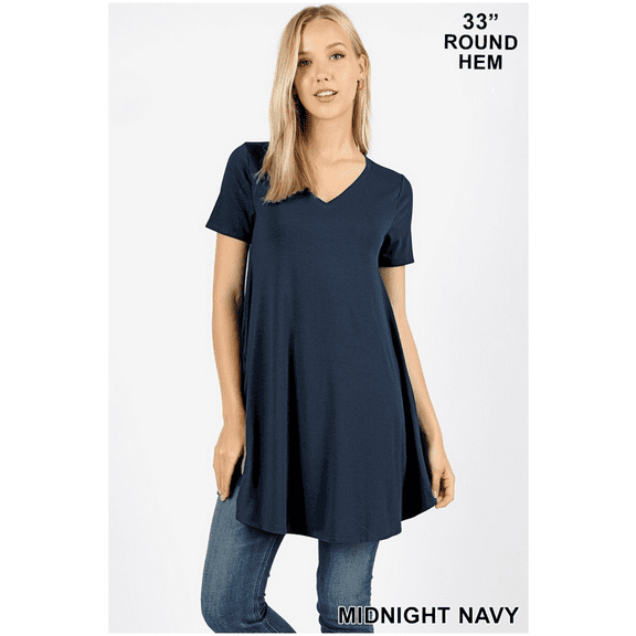 SHORT SLEEVE V-NECK ROUND HEM TUNIC AVAILABLE IN 2 COLORS (DEEPCORAL)