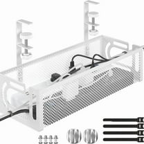 OFEFE Under Desk Cable Management Tray - No Drill Cable Organizer Box with Side Opening, Cord Raceway for Office & Home, Wire Storage Basket for Power Strips (15.35"x4.72", White Metal Mesh)