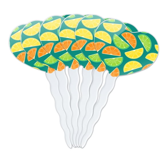 Citrus Lemon Lime Orange Slices Pattern Heart Love Cupcake Picks Toppers Decoration Set of 6