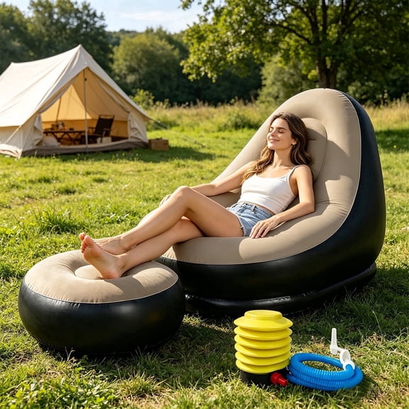 Portable Inflatable Lounge Sofa with Foot Stool, Flocking Recliner Air Couch for Indoor Outdoor Camping Travel, Full Size, Coffee