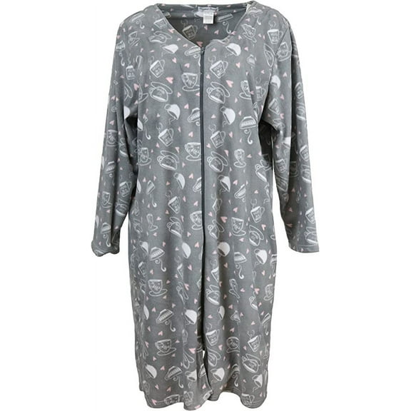 Elegant Emily Women's Fleece Zipper Front Duster Robe - Grey Coffee Lover - X-Large