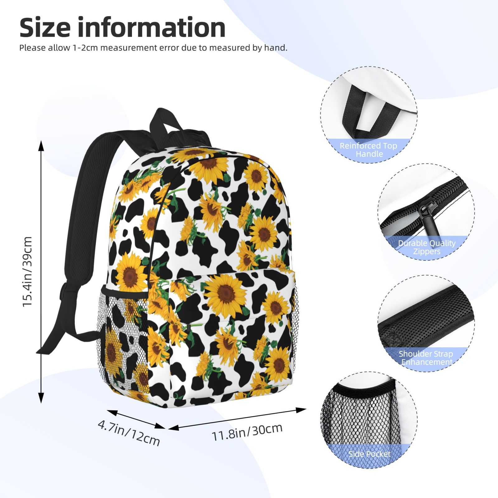Rateoe Cute Cow Print Sunflower A Pattern Student Backpack Water-resistant Backpack 15-inch Laptop Backpack Lightweight Adjustable School Backpack