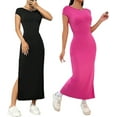 thumbnail image 2 of Robe Longue Moulante Sans Dos à Manches Courtes pour Femmes, Col Rond, Couleur Unie, Fente Latérale, Robe de Soirée, 2 of 7