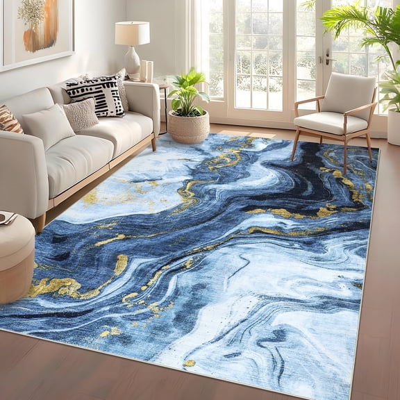 Geetinfly 8inx10in Modern Abstract Area Rug Washable Living Room Rug Stain-Resistant Contemporary SoFT Area Rugs Accent Carpet Non-Slip Low Pile Colorful Rugs for Bedroom Dining Room Home Decor Blue