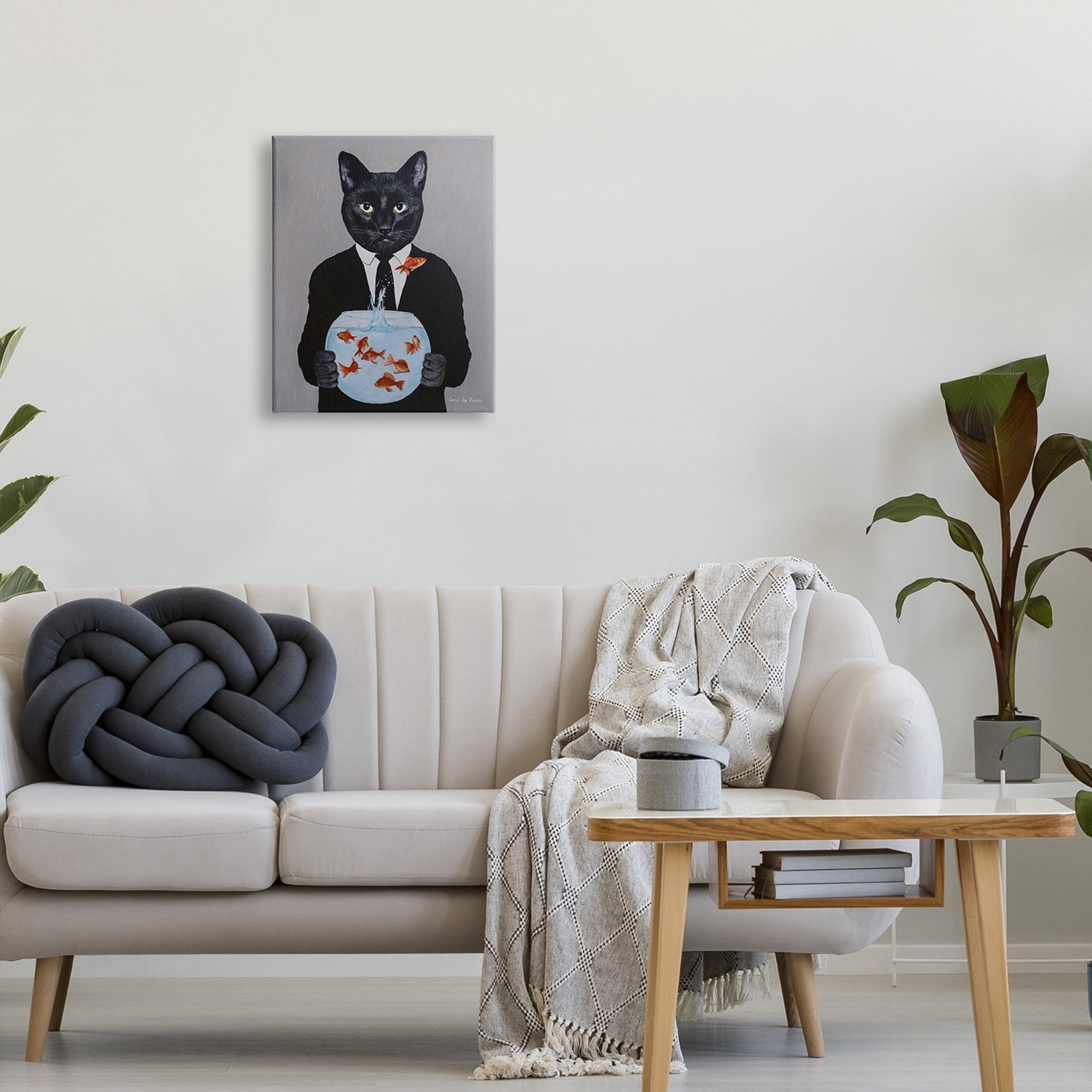 Stupell Industries Black Cat Fashion Suit Goldfish Jumping Fishbowl Painting Gallery-Wrapped Canvas Print Wall Art, 30x40, by Coco de Paris