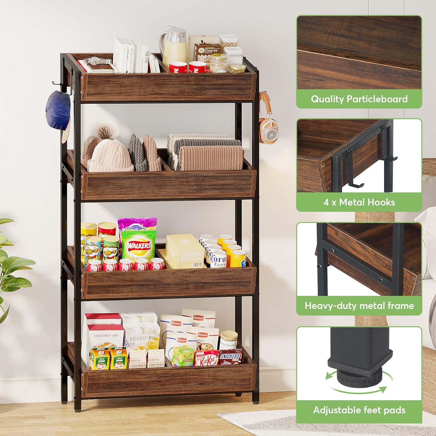 Tribesigns 4-Tier Retail Display Rack, Wooden Snack Candy Stand, Store Shelving Organizer with Heavy-Duty Metal Frame(2, Brown)