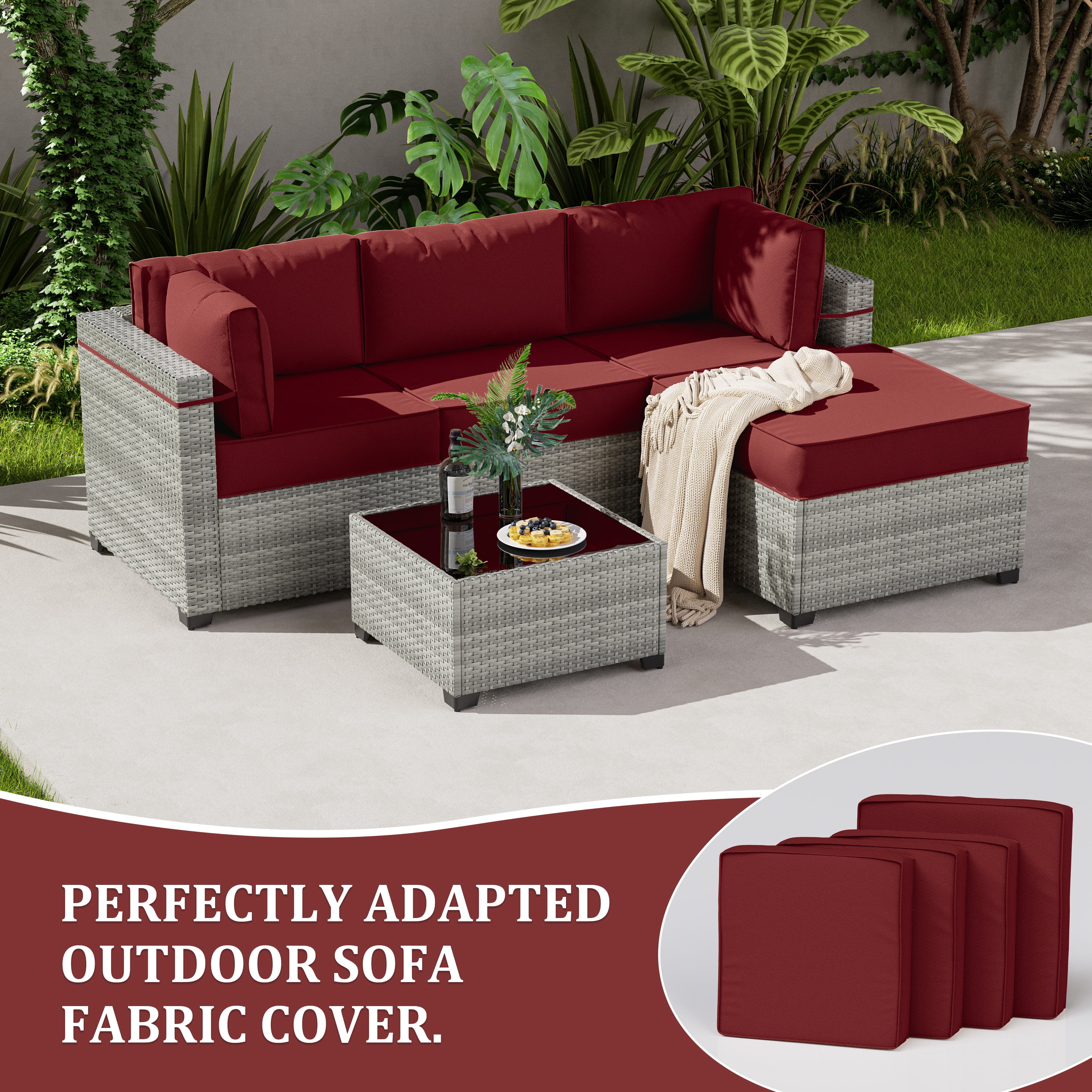Snubbull Patio Furniture Cushions, Replacement Outdoor Cushions for 4-Seat Sectional Sofa,Waterproof & Zipped, Burgundy