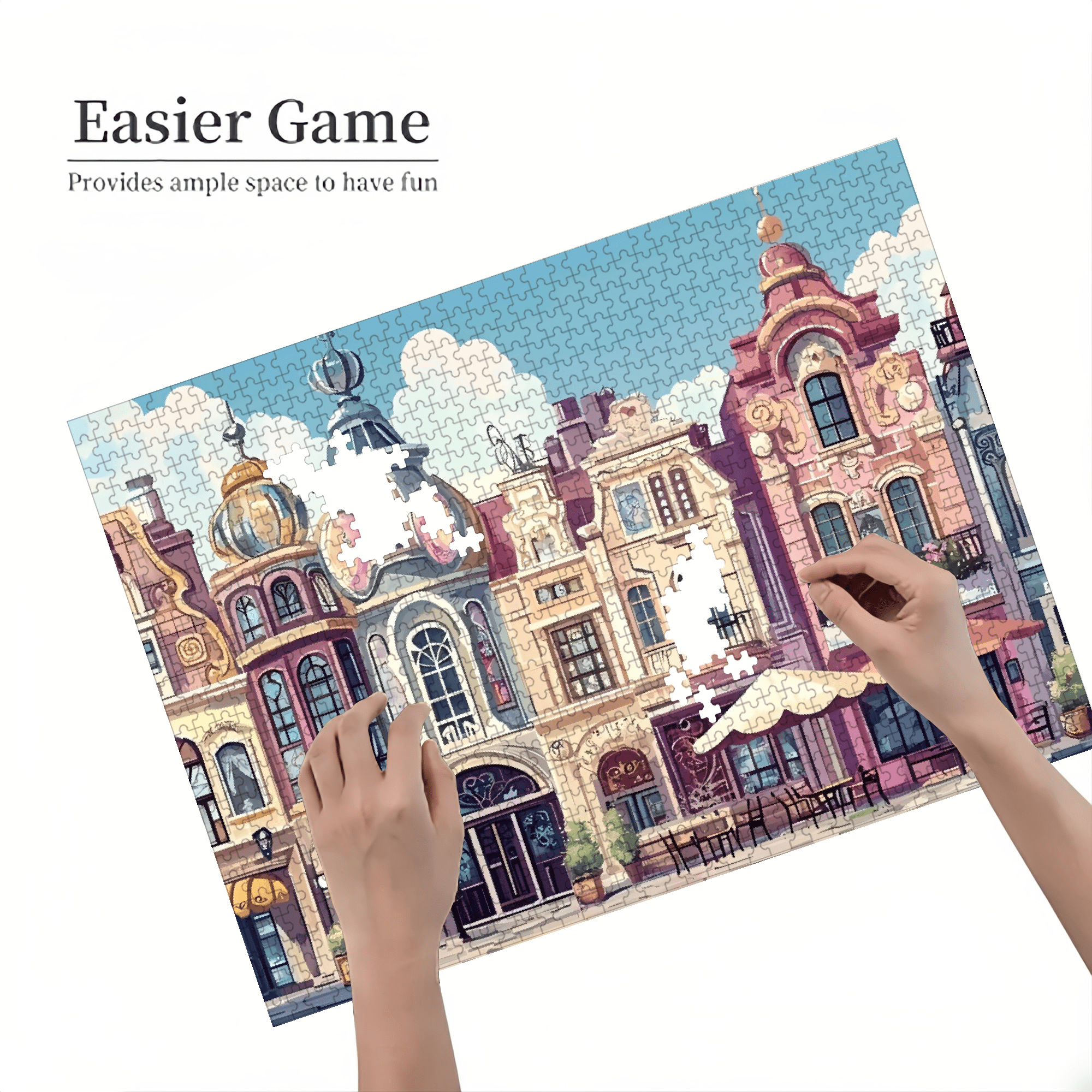 A set of 1000 intricate "colorful European street scenes" jigsaw puzzles, suitable for adults and playable by multiple players.