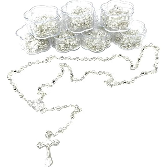 12 x Wholesale Bulk White & Gold /silver/pink/blue/purple Faux Pearl Rosaries for Baptism, Wedding, Memorial, Religious Favor