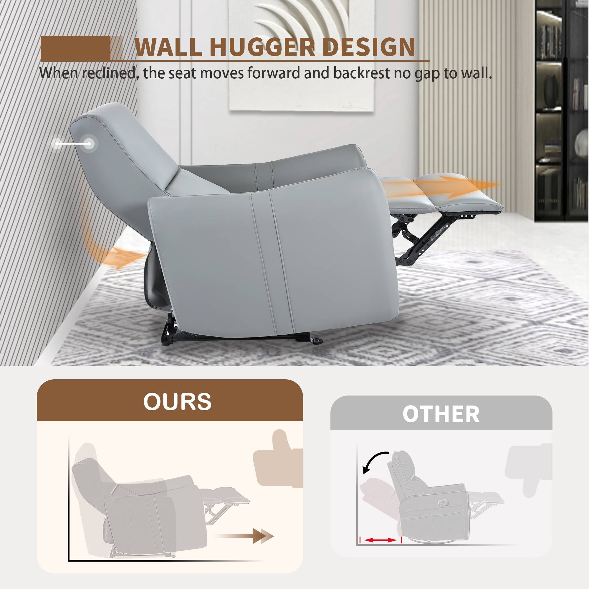 Power Recliner Chairs, Zero Wall Recliners for Adults, Small Leather Recliner Home Theater with Type-C Charger for Living Room, Blue Grey