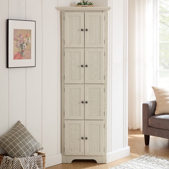 SESSLIFE Corner Storage Cabinet, 72" Kitchen Pantry Cabinet with 8 Doors, Farmhouse 4-Tier Pantry Cabinet for Bathroom, Living room, Kitchen, Freestanding Wooden Storage Organizer, White