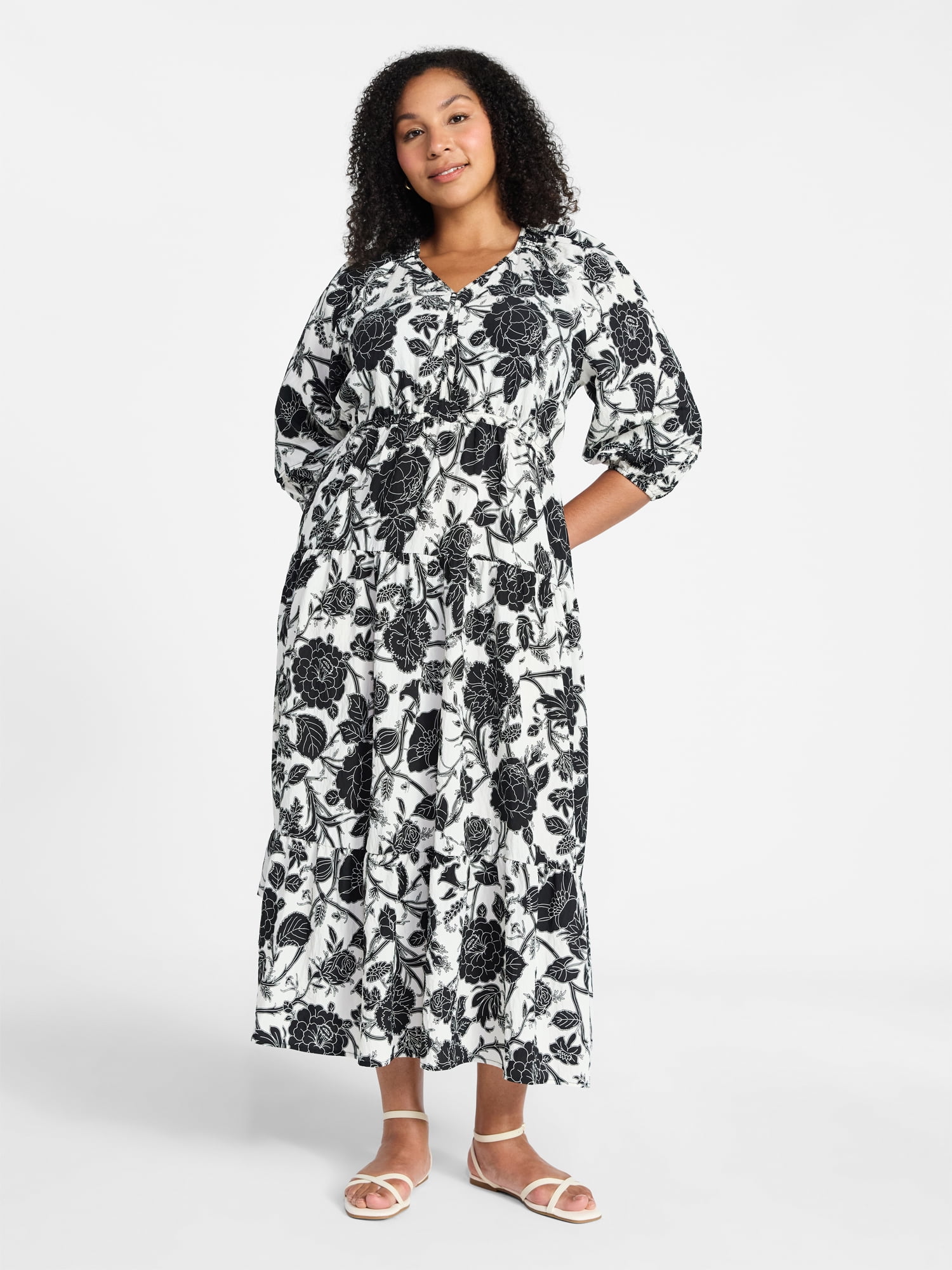 Time and Tru Women's V-Neck Maxi Dress with ¾-Length Sleeves, Sizes XS-XXXL