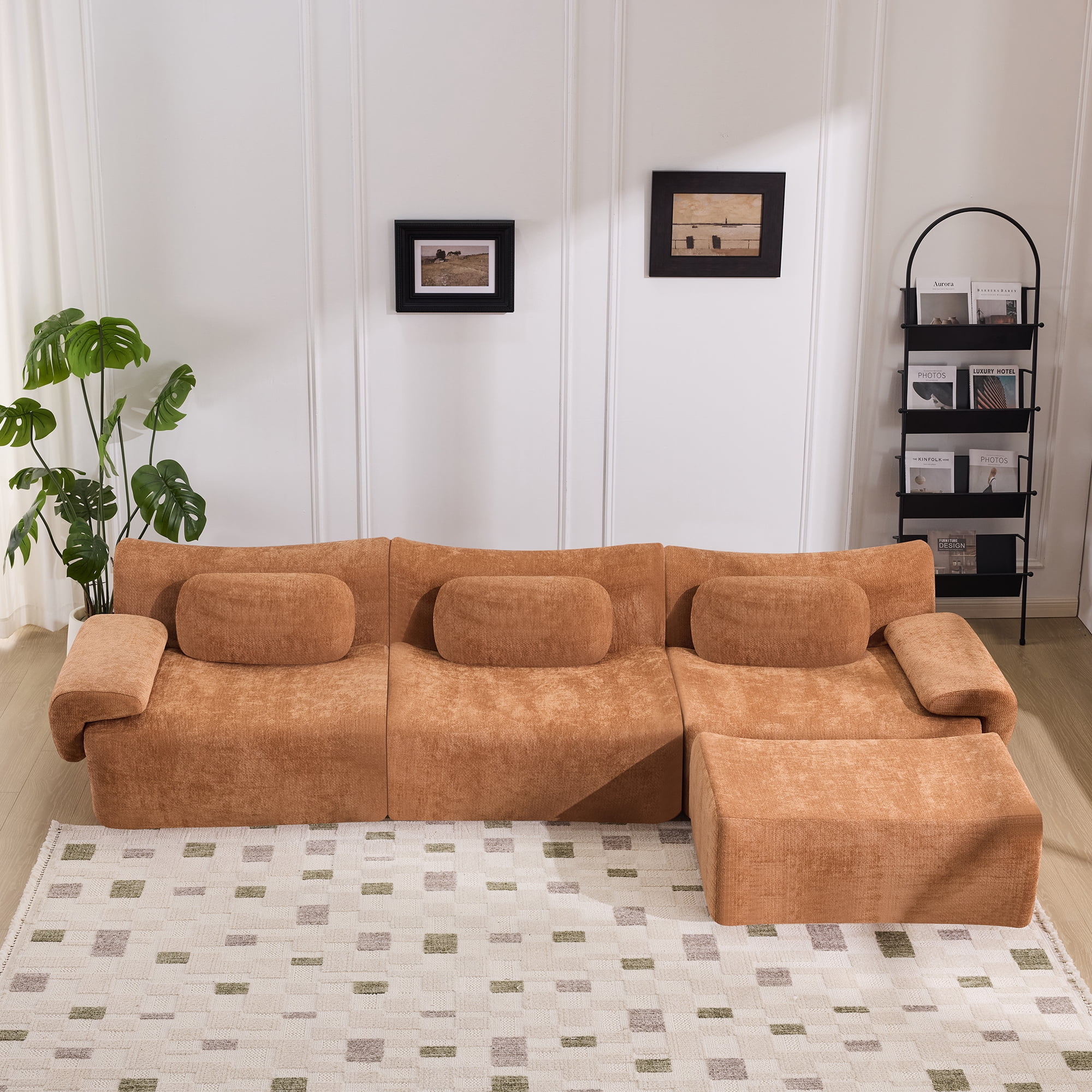 Gewnee 107.9"Modular Sectional Sofa,Upholstered Cloud Couch with Deep Seat & Ottoman,L-Shaped Chenille Sofa for Living Room.Orange