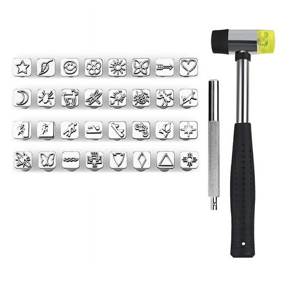 34 PCS Leather Stamping Tools, Leather Crafting Tools with 32PCS Different Shape, 1 Rubber Hammer, 1 Leather Punch Tools
