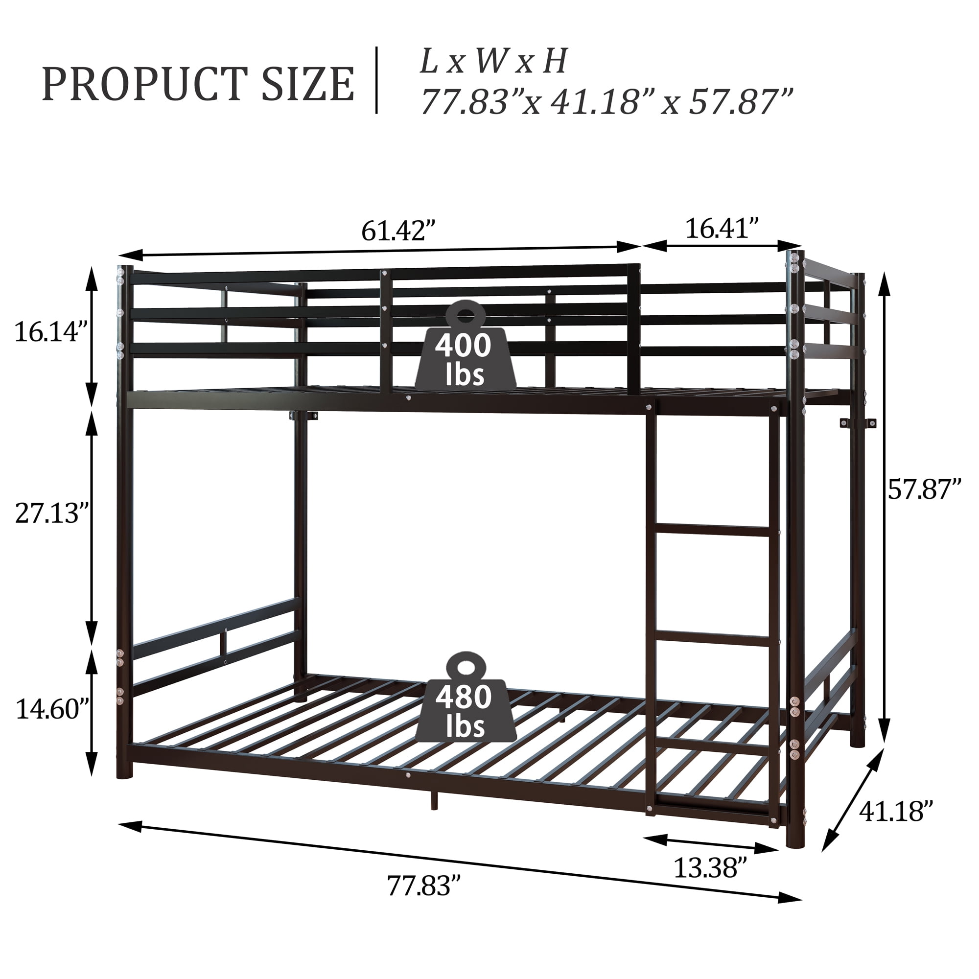 Twin Over Twin Metal Bunk Bed with High Guardrail & Ladder, Noise Free with Storage Space