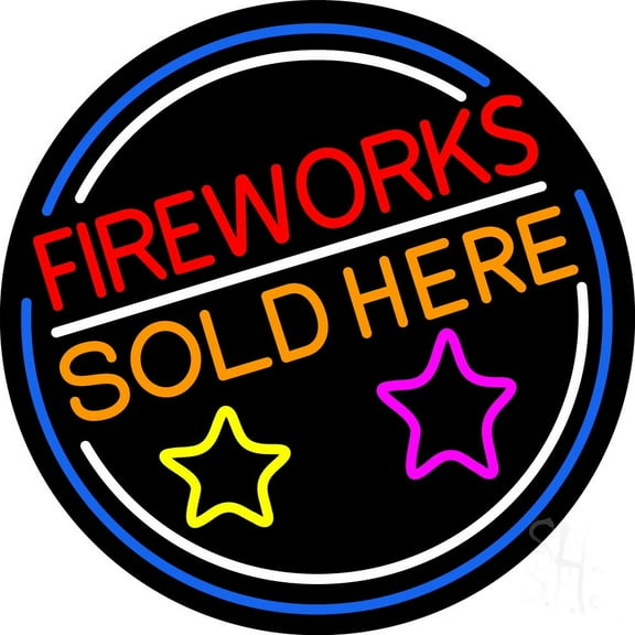 Fireworks Sold Here Circle LED Neon Sign 18 x 18 - inches, Clear Edge Cut Acrylic Backing, with Dimmer - Bright and Premium built indoor LED Neon Sign for special occasion decor.
