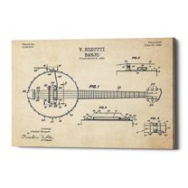 Epic Graffiti  "Banjo Blueprint Patent Parchment" Giclee Canvas Wall Art, 12" x 18" 12" x 18"