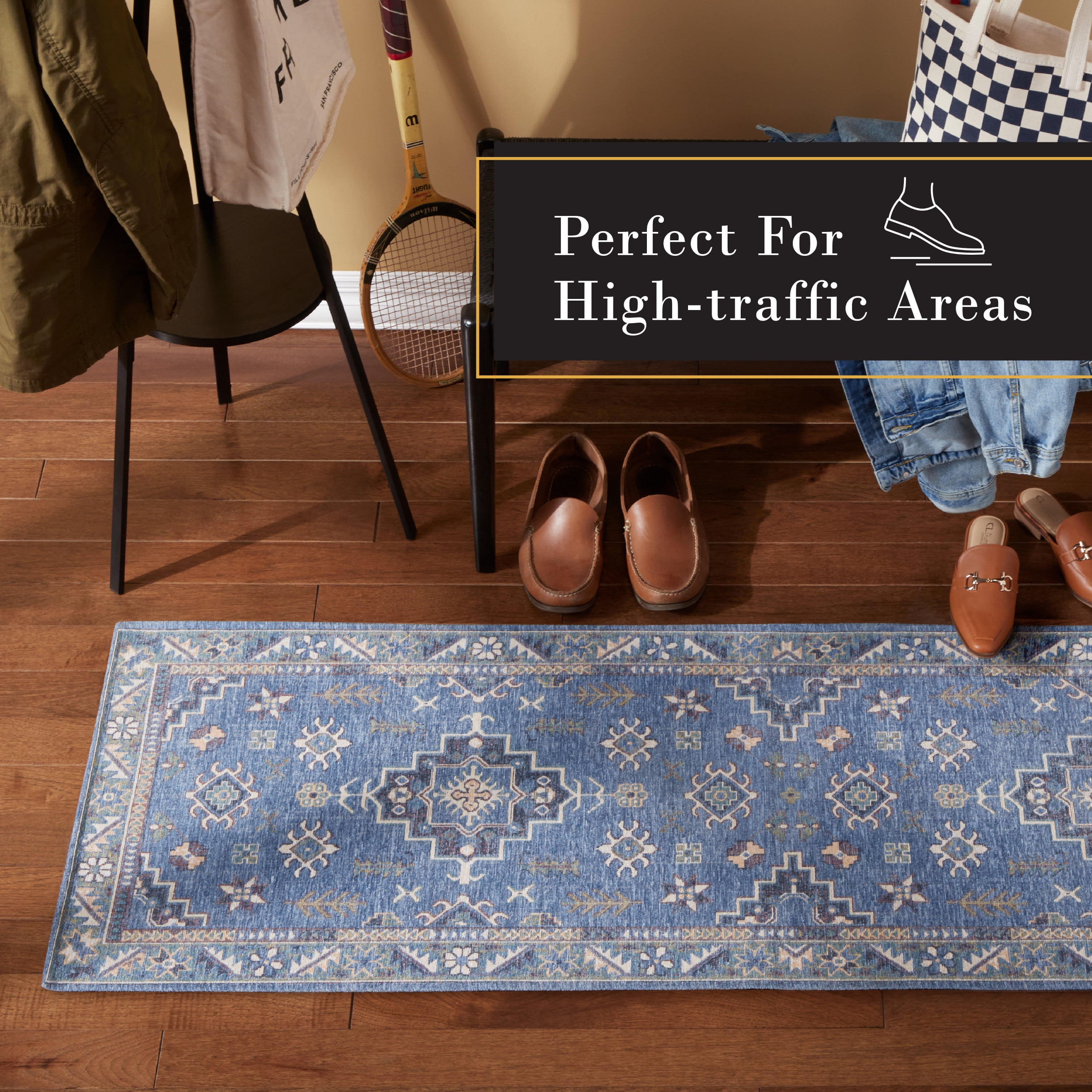 TOWN & COUNTRY LUXE Livie Forever Vintage Everwash® Washable Multi-Use Decorative Rug with Non-Slip Backing, Blue/Ivory, 24"x72"