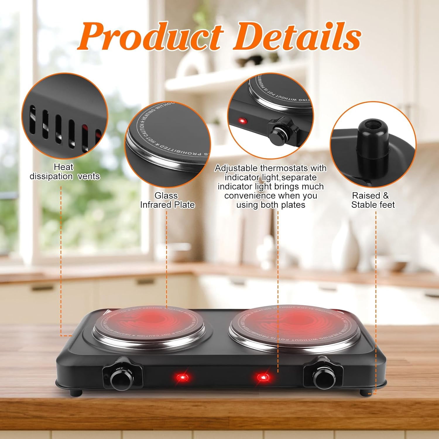 Hot Plates for Countertop, Battery Powered Hot Plate, Electric Hot Plate, 1200w Electric Infrared Single Burner,  Portable Counter Single Stove with 7.5” Glass Cooktop